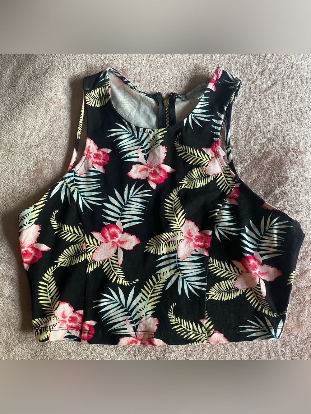 Charlotte Russe Black Tropical Floral Crop Top with Pink & Mint